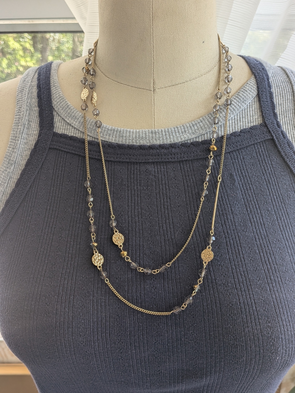 Gold Tone Layered Crystal Bead Hammered Disc Long Station Chain Necklace 48 Inch